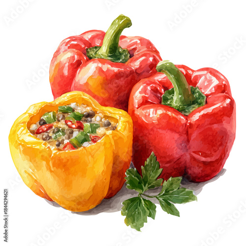 Watercolor vector illustration of Stuffed Bell Peppers, isolated on white background.