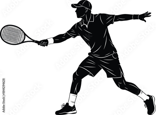 Professional Tennis Player Silhouette in Action, Dynamic and Energetic Sports Vector Illustration, Man Hitting Forehand Shot, Competitive Athlete, Fitness Training,