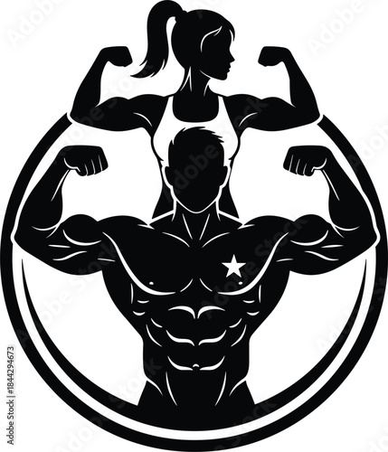Strong Muscular Man and Woman Bodybuilder Couple Flexing Biceps inside Circle Logo Vector Illustration Graphic Design Element for Fitness Gym Workout Training Powerlifting Weightlifting Bodybuilding