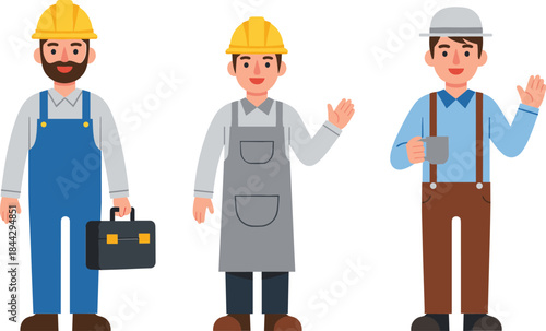 Construction and craftsman character illustration set featuring workers in uniforms with tools, perfect for labor themes, job concepts, and industry designs