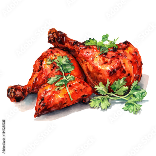 Tandoori Chicken in watercolor style, vector illustration, isolated on white background.