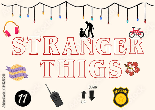 Stranger Things Season 1 Iconic Illustration Poster with Retro Symbols and Typography