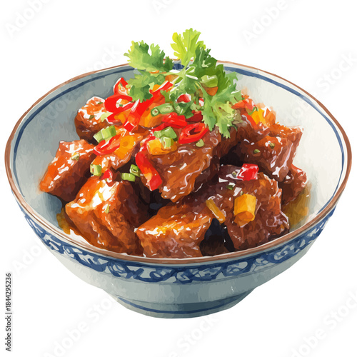 Sweet And Sour Pork, watercolor illustration, vector style, isolated on a white background.