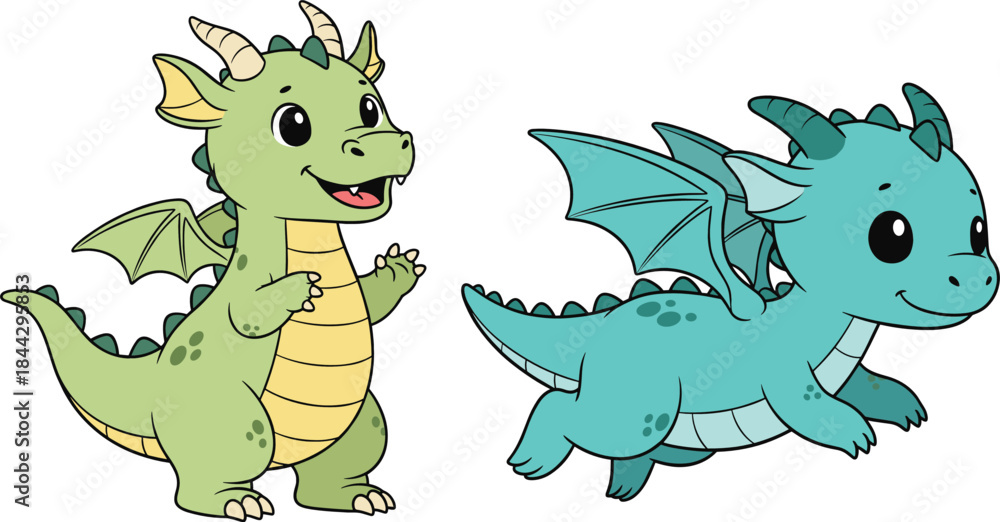 Fototapeta premium Cute baby dragon characters in playful cartoon style featuring colorful fantasy creatures perfect for children’s illustrations, stickers, and creative designs