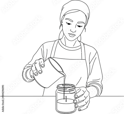 Woman pouring liquid into a jar, illustration