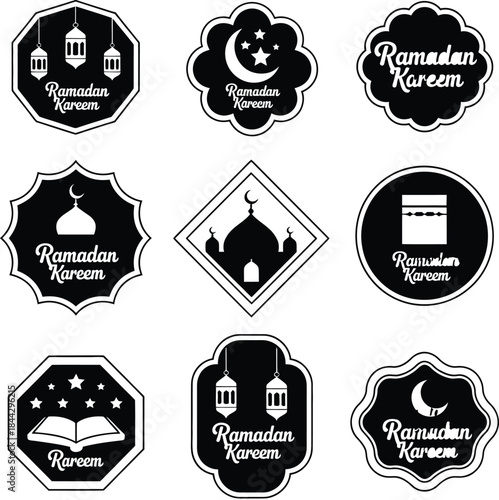 Ramadan kareem retro vintage badges and label set featuring ornamental Arabic patterns, ideal for greeting cards, festive banners, packaging, posters, and digital Ramadan graphics.