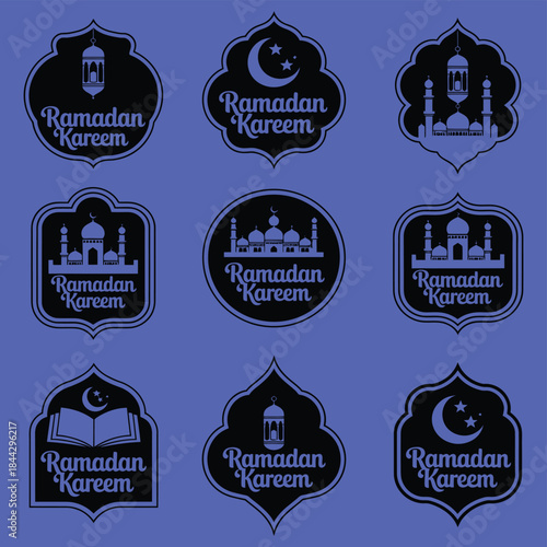 Ramadan kareem retro vintage badges and label set featuring ornamental Arabic patterns, ideal for greeting cards, festive banners, packaging, posters, and digital Ramadan graphics.