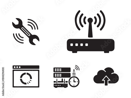 Black icons of internet and computer concepts on