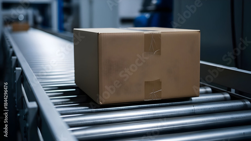 Efficiently streamline your logistics with our cardboard box on a conveyor belt, ensuring swift and reliable delivery for your business needs today.