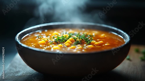 Warm bowl of soup with herbs and steam rising