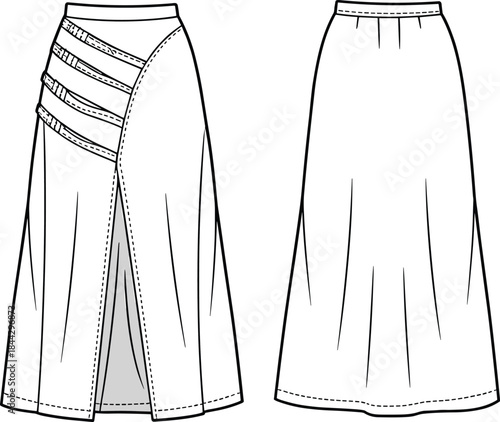 Women's asymmetrical wrap midi skirt fashion flat technical drawing front and back views apparel design illustration vector line art