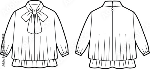 Women's bow tie blouse with long sleeves fashion flat technical drawing front and back views apparel illustration