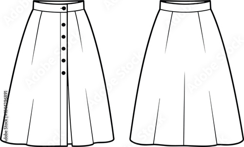 Women's button front A line midi skirt fashion flat technical drawing front and back views apparel illustration vector
