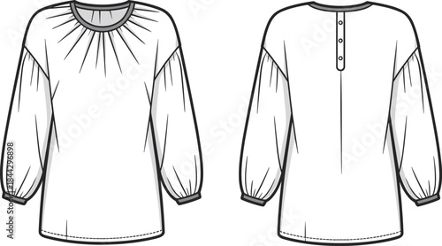 Women's gathered neckline long sleeve tunic blouse fashion flat technical drawing front and back views apparel illustration