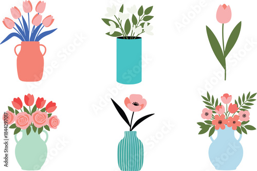 Decorative flower vase illustration set featuring tulips, roses, and blossoms in colorful containers, perfect for botanical artwork, home décor, and design projects