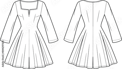 Women's square neck long sleeve fit and flare dress fashion flat technical drawing front and back views illustration