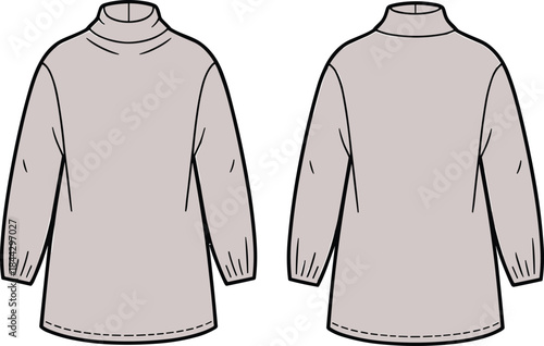 Women's turtleneck long sleeve tunic top fashion flat technical drawing front and back views apparel illustration vector