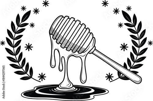 Decorative honey dipper illustration with dripping honey and laurel accents, perfect for food labels, natural product branding, and sweet-themed artwork
