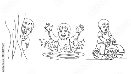 High-Quality Black Continuous Line Art of Toddlers Playing Peek-a-Boo, Splashing, and Riding Toy Car
