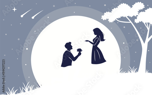 Romantic proposal under the luminous full moon on a tranquil starry night hill
