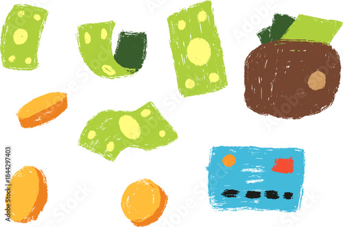 Money coin, banknote, wallet, pay plastic card. Set business finance elements in cartoon hand drawn style. Vector illustration for children education made from chalk, pencil or marker.