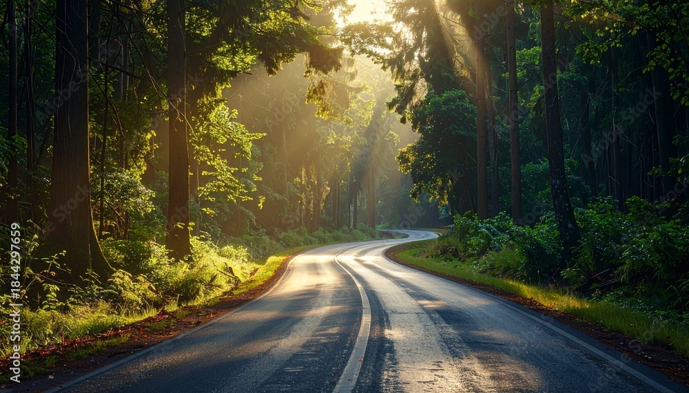 Fototapeta premium Sunlit winding road curves through dense forest, glowing with contrast between light and shadow.