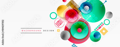 Abstract colorful shapes overlap. Circles, squares, dots create dynamic composition. Modern design elements present vibrant visual experience.