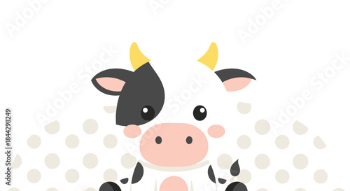 Adorable cartoon cow illustration with cheerful design and playful polka dot background