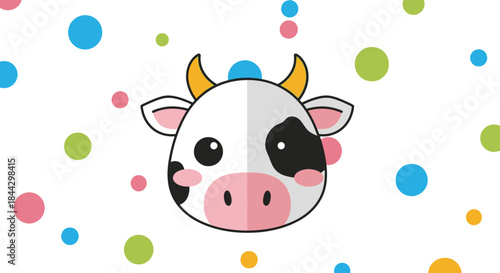 Cartoon cow face amidst floating colorful dots creating a whimsical backdrop illustration