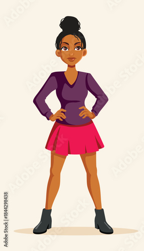 Trendy Woman of African Ethnicity Wearing Short Skirt Vector Illustration. Self confident lady wearing cool trendy clothing having an attitude 
