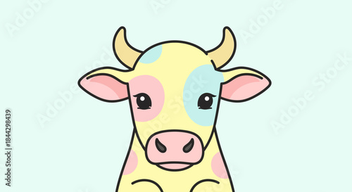 Illustration of a charming cow with pastel spots against a delicate background for children