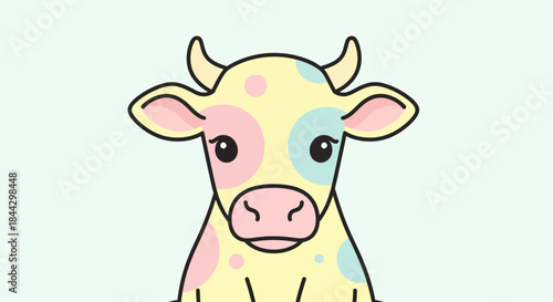 Charming cartoon cow with pastel spots conveying childish innocence and delight