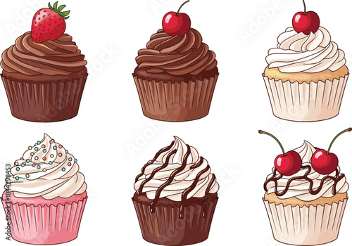 Delicious cupcake illustration set featuring chocolate and vanilla frosting, strawberries, cherries, sprinkles, and sweet dessert toppings for bakery, celebration, and food vector design projects.