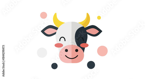 Whimsical Cow Face with Bright Horns and a Cheerful Expression Among Polka Dots