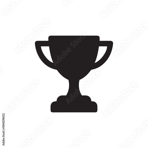 A simple black silhouette of a trophy with handles and a pedestal on a plain white background space filling