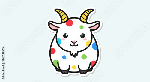 Playful goat character with colorful polka dots, isolated sticker design suitable for children's