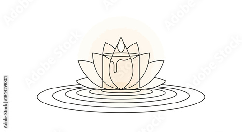Serene illustration of a candle floating in a lotus flower on water ripples promoting peace and
