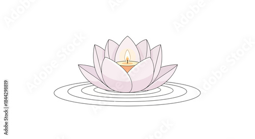 Elegant lotus blossom with a candle afloat on water, radiating serenity and spiritual harmony