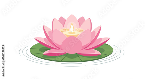 Vector illustration of lotus flower with candle on lily pad, reflecting spiritual tranquility and
