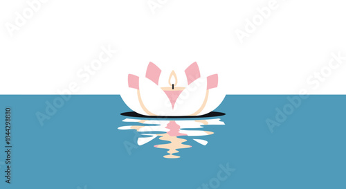 Simple illustration of lotus flower candle floating in tranquil water with reflection