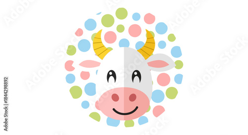 Playful Illustration of a Cartoon Cow on a Cheerful Colorful Dotted Background