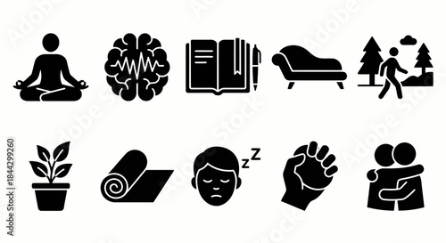 Wellness and Mindfulness Icons Collection Meditation Brain Health Reading Relaxation Nature Exercise and Self Care Practices