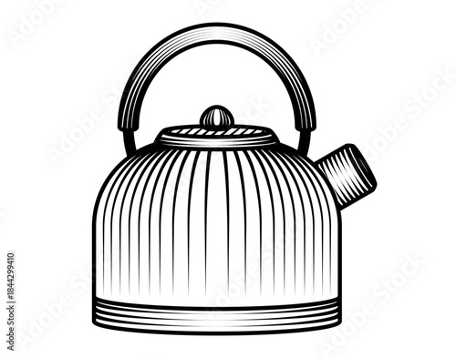 Stovetop whistling tea kettle illustration in vintage woodcut style black and white retro kitchen appliance for boiling water preparation of hot beverages old fashioned