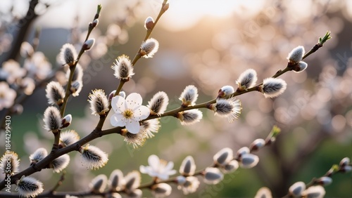 Willow Catkins and Blossom in Sunlight
