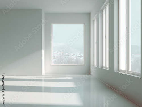 A stark white room is lit by sunlight streaming through the large windows into the space