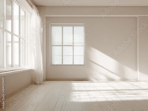Sunlight streams through large windows illuminating a minimalist room with wooden floors
