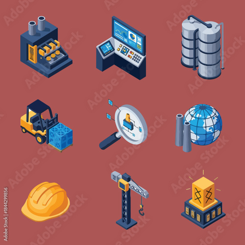 A grid of nine colorful isometric icons representing various aspects of industrial processes, technology, and construction on a red background.