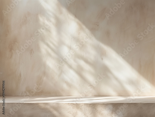 Creamy textured wall and ledge bathed in soft ethereal light creating shadows on surface