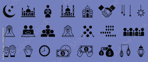 set of Ramadan kareem icons vector, featuring Islamic symbols, crescent moon, stars, lanterns, and mosque elements, perfect for greeting cards, banners, social media posts, and festive designs.