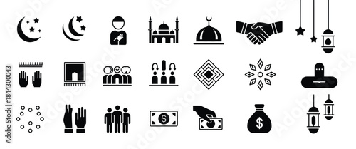 set of Ramadan kareem icons vector, featuring Islamic symbols, crescent moon, stars, lanterns, and mosque elements, perfect for greeting cards, banners, social media posts, and festive designs.